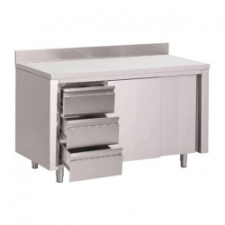 Table placard inox avec dosseret 3 tiroirs à gauche et portes coulissantes Gastro M 850x1800x700mm
