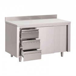 Table placard inox avec dosseret 3 tiroirs à gauche et portes coulissantes Gastro M 850x1000x700mm