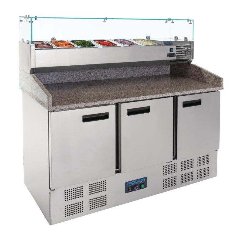 Comptoir de préparation pizza et salade réfrigéré 3 portes 368L CN267 Polar Comptoir de préparation pizza et salade réfrigéré 3 portes 368L CN267 Polar