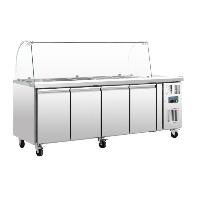 Comptoir de préparation réfrigéré GN avec pare-haleine Polar Série U 4 portes CT395 Polar Comptoir de préparation réfrigéré GN avec pare-haleine Polar Série U 4 portes CT395 Polar