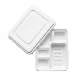 Plateaux repas 5 compartiments en bagasse avec couvercle Vegware (lot de 200) CU546 Vegware