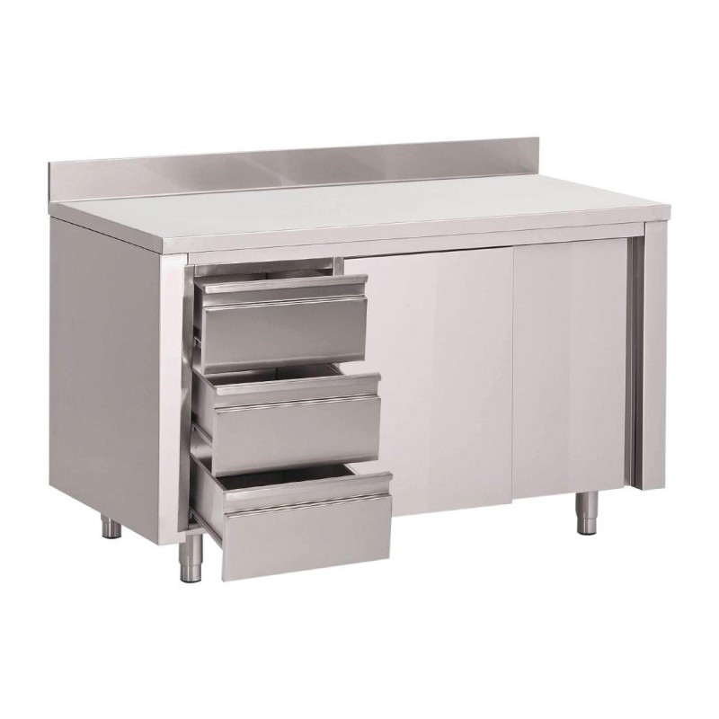 Table armoire inox avec dosseret 3 tiroirs à gauche et portes coulissantes Gastro M 875x1000x700mm DS440 Gastro M Table armoire inox avec dosseret 3 tiroirs à gauche et portes coulissantes Gastro M 875x1000x700mm DS440 Gastro M