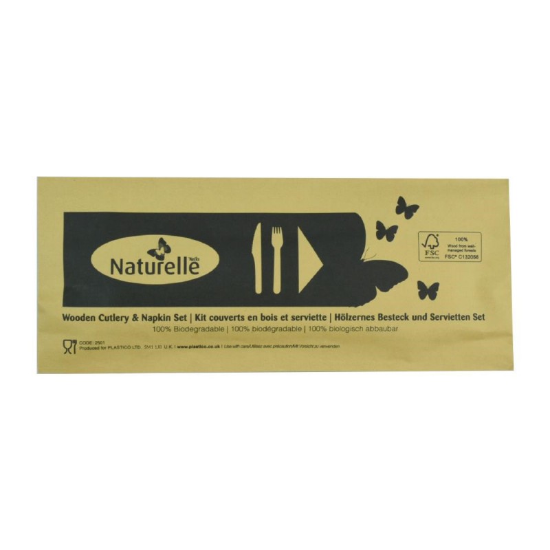 Ensembles de couverts en bois 3-en-1 emballages individuels kraft eGreen (lot de 250) FS167 eGreen