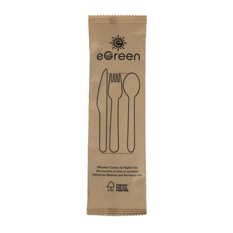 Ensembles de couverts en bois 4-en-1 emballages individuels kraft eGreen (lot de 250) FS168 eGreen