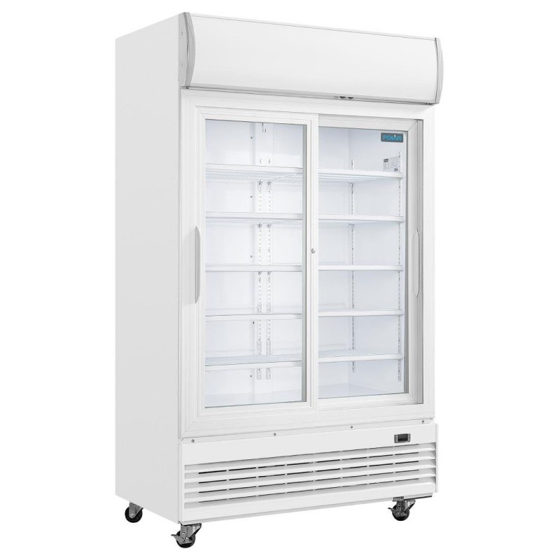 Armoire réfrigérée 2 portes vitrées coulissantes avec caisson lumineux Polar Série G 950L GE581 Polar Armoire réfrigérée 2 portes vitrées coulissantes avec caisson lumineux Polar Série G 950L GE581 Polar