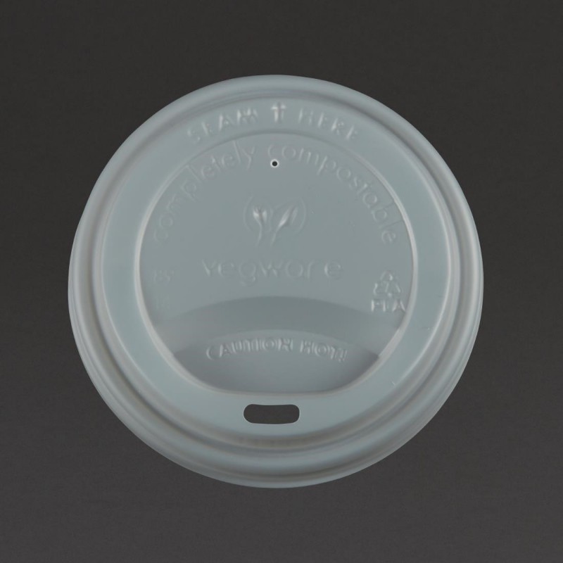 Couvercles compostables CPLA pour gobelets boissons chaudes Vegware 34 cl / 45 Couvercles compostables CPLA pour gobelets boissons chaudes Vegware 34 cl / 45