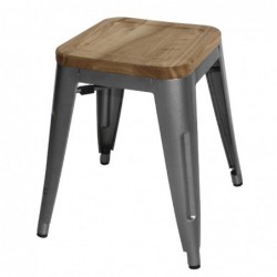 Tabourets bistro bas en acier gris métal avec assise en bois Bolero (lot de 4) GM636 Bolero