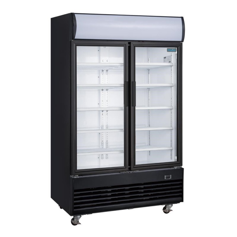 Vitrine réfrigérée positive 2 portes battantes avec caisson lumineux Polar Série G 950L noire GM813 Polar Vitrine réfrigérée positive 2 portes battantes avec caisson lumineux Polar Série G 950L noire GM813 Polar
