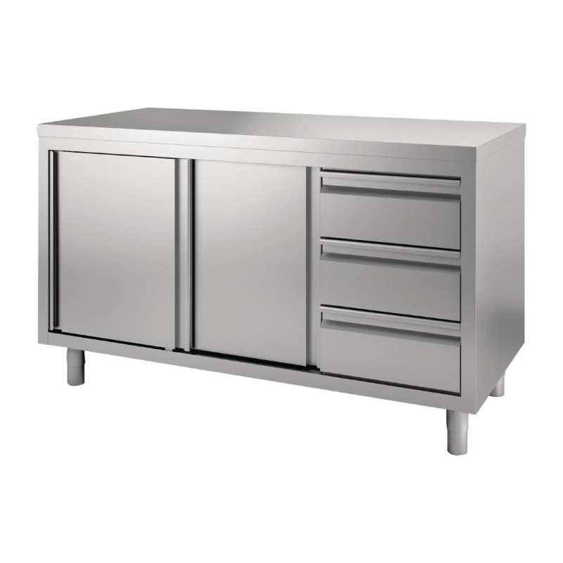 Table armoire inox avec portes coulissantes et 3 tiroirs à droite Gastro M 1400 x 700 x 875mm GN163 Gastro M Table armoire inox avec portes coulissantes et 3 tiroirs à droite Gastro M 1400 x 700 x 875mm GN163 Gastro M