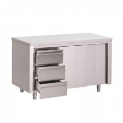 Table armoire inox avec portes coulissantes et 3 tiroirs à gauche Gastro M 1500 x 700 x 875mm GN164 Gastro M