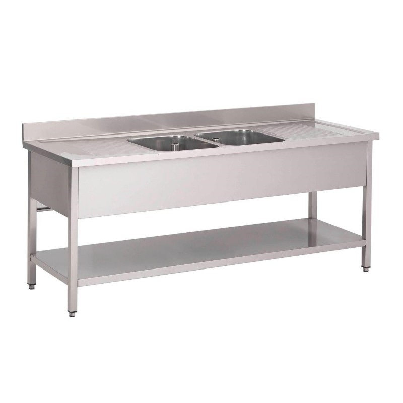 Plonge inox avec étagère basse Gastro M 2 bacs au centre 200 x 70 x 85 cm GN204 Gastro M Plonge inox avec étagère basse Gastro M 2 bacs au centre 200 x 70 x 85 cm GN204 Gastro M